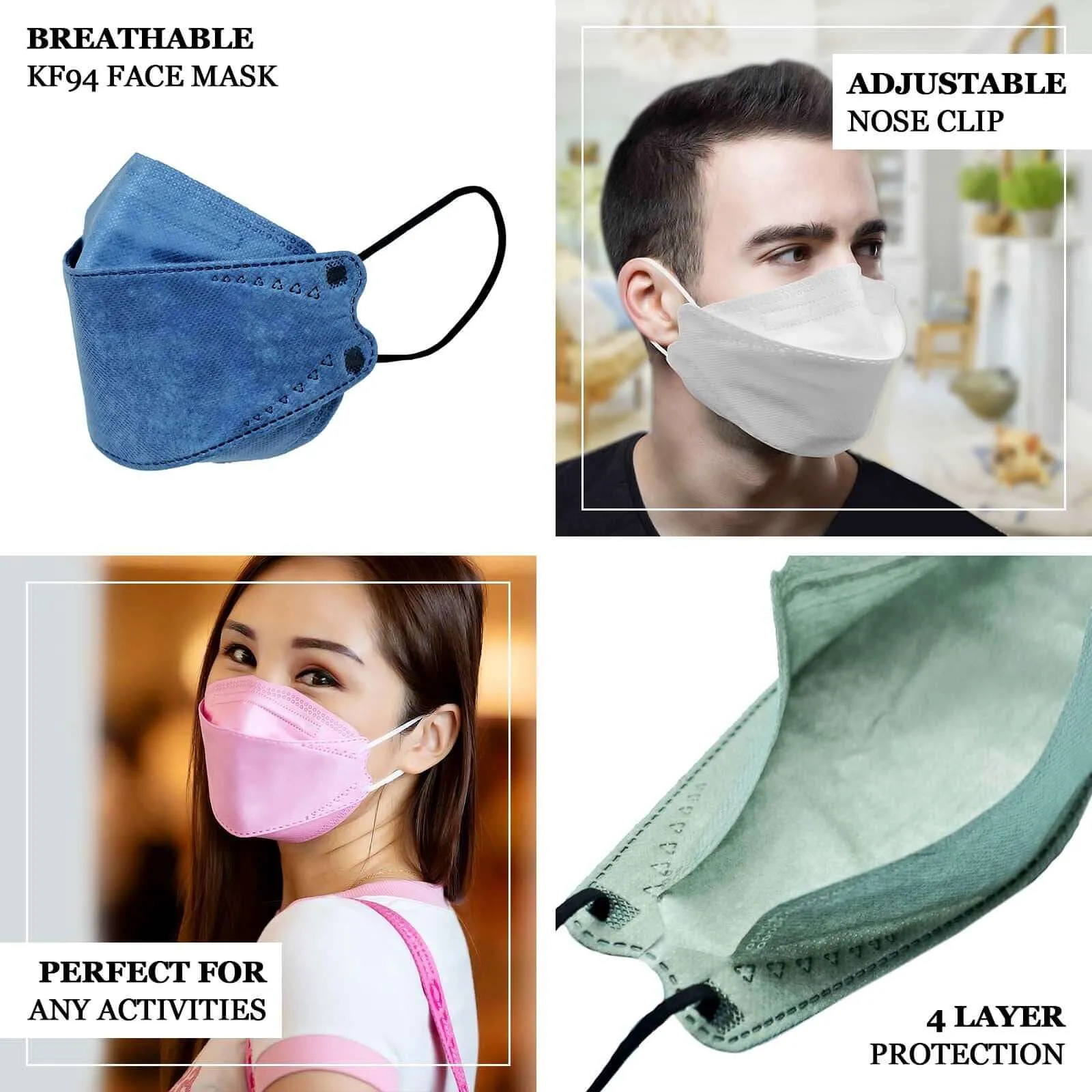 10 Pack Sage Green Breathable KF94 Face Mask, 3D Fish-Design Mouth Shields for Adult, 4-Layer Protective Face Masks with Adjustable Nose Clip