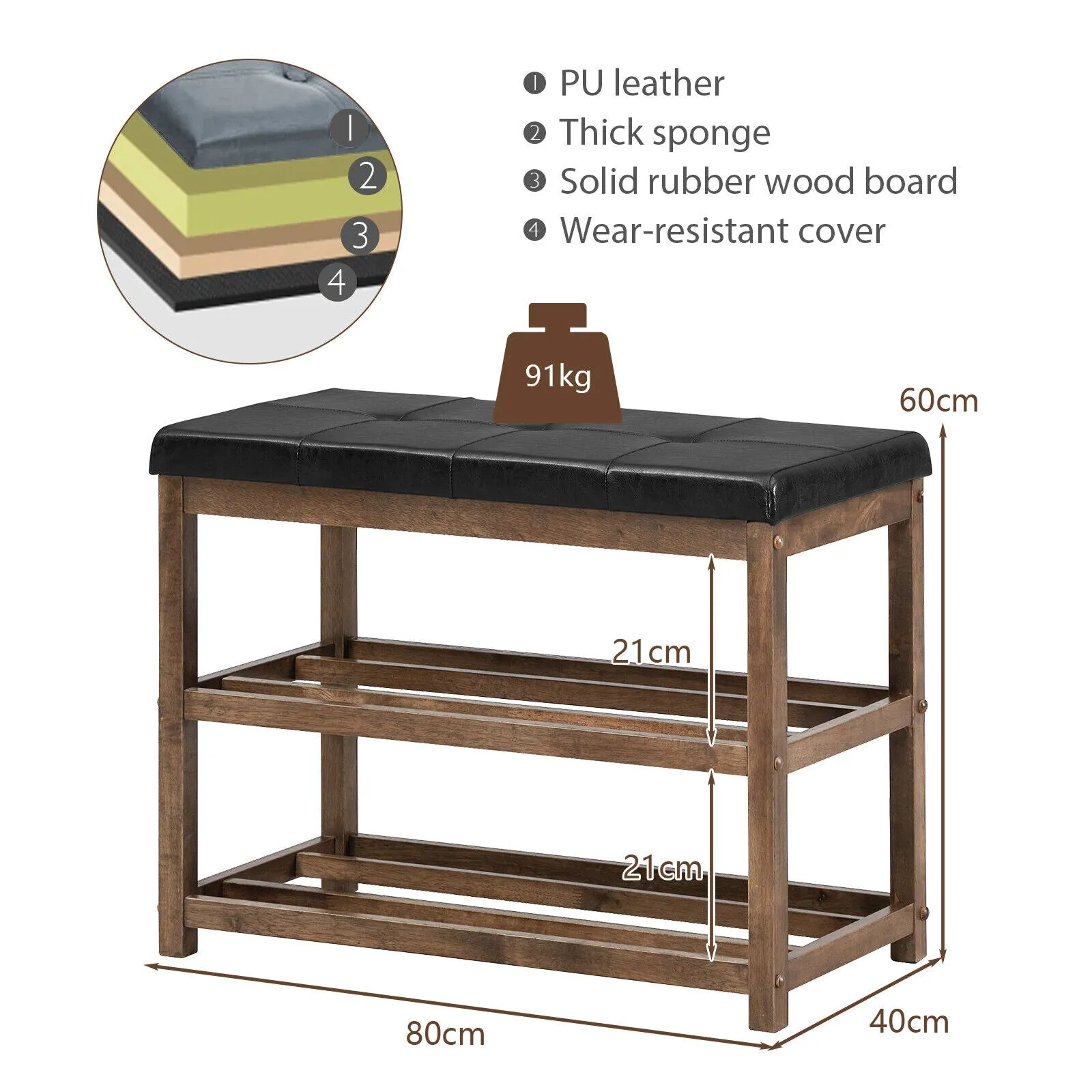 3 Tiers Shoe Storage Bench with Cushioned Seat-Brown