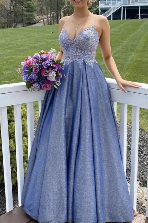 A Line Spaghetti Straps Blue Lace Top Prom Dresses, Long Formal Evening Dresses