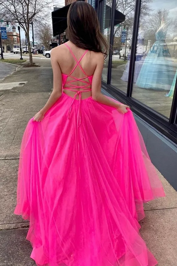 A Line V Neck Hot Pink Prom Dresses With Slit, Long Formal Evening Dresses