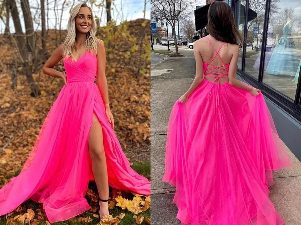 A Line V Neck Hot Pink Prom Dresses With Slit, Long Formal Evening Dresses