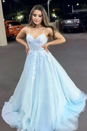 A Line V Neck Light Blue Lace Appliques Long Prom Dress, Spaghetti Straps Formal Evening Dress,Formal Dresses