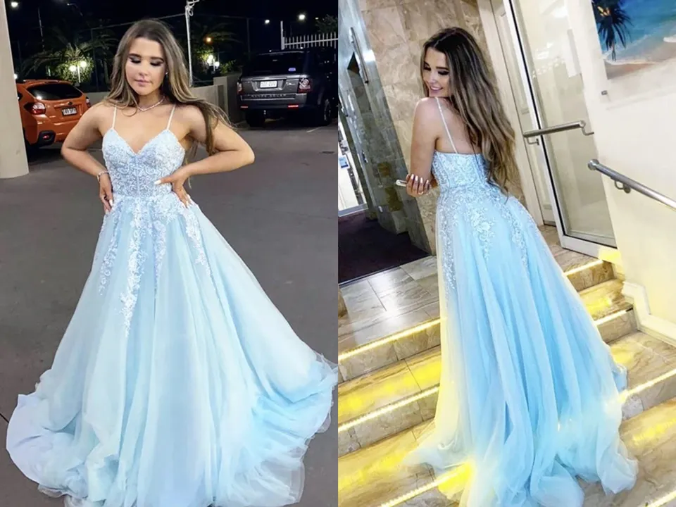 A Line V Neck Light Blue Lace Appliques Long Prom Dress, Spaghetti Straps Formal Evening Dress,Formal Dresses