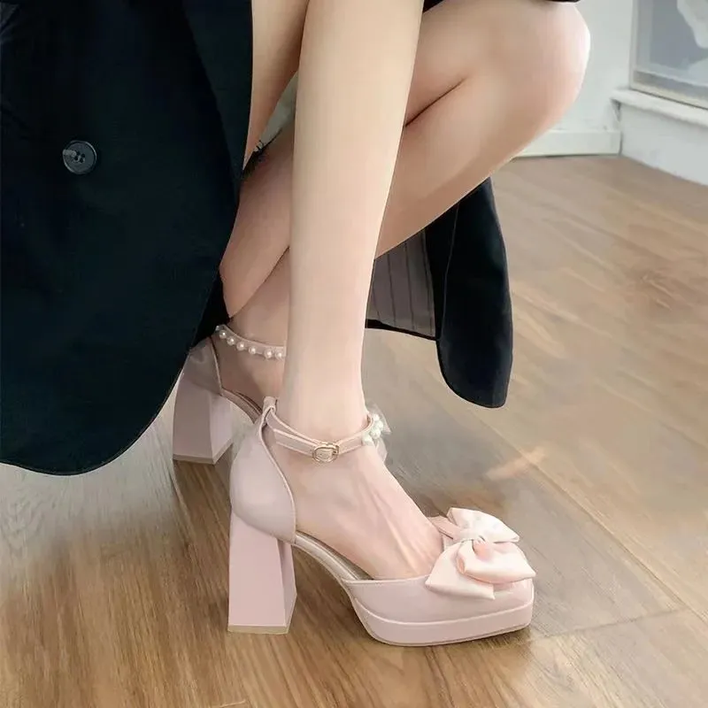 ADVBRIDGE  French Elegant Bow Thick Heeled High Heels Women's Sandals New Fairy Style Mary Jane Shoes Brand Designer Shoes