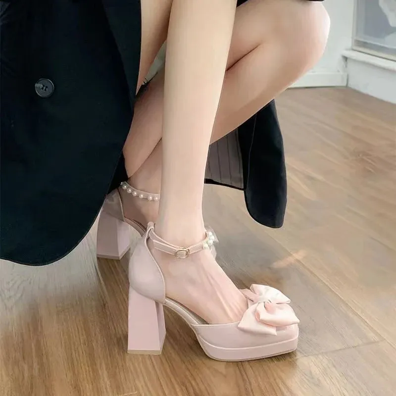 ADVBRIDGE  French Elegant Bow Thick Heeled High Heels Women's Sandals New Fairy Style Mary Jane Shoes Brand Designer Shoes