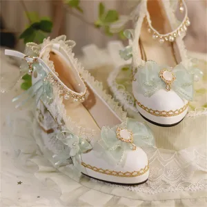 Advbridge French Vintage Lolita Girls Shoes Elegant Tea Party Palaca Ribbon Bowknot Pearls Gems Lace Pointed Sandals 5-6cm High Heeled