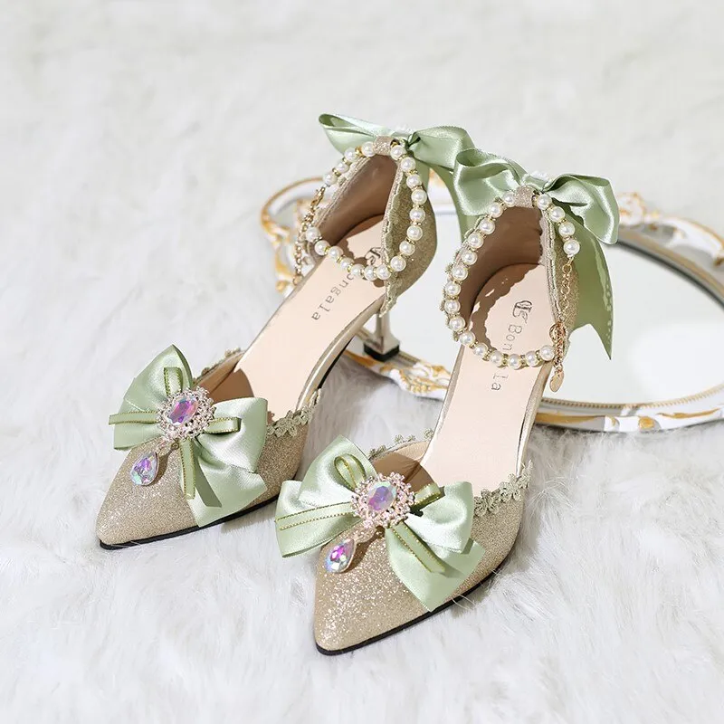 Advbridge Green Kawaii French Sweet Girl Lolita Shoes High Heels 7cm Elegant Princess Wedding Lolitas Palace Pointed Toe Women Cos Sandals