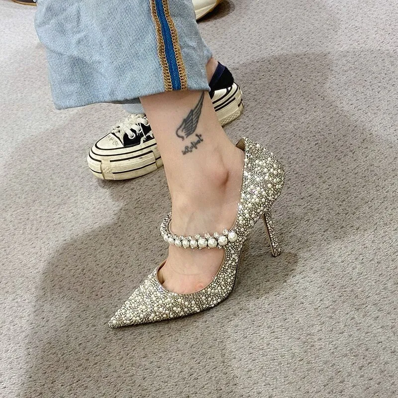 Amozae  Spring and Autumn Europe and the United States new stiletto Mary Jane ladies shoes pointed toe pearl diamond elegant luxury stil