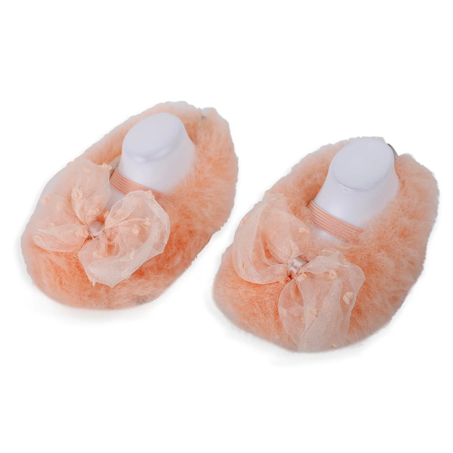 Baby Moo Bow Applique Warm Furry Booties - Peach