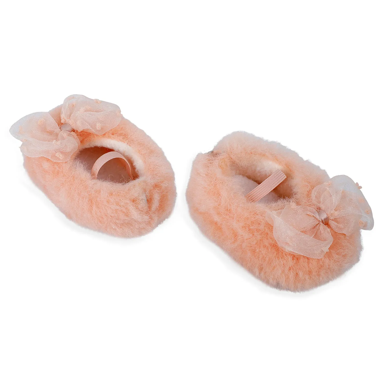 Baby Moo Bow Applique Warm Furry Booties - Peach