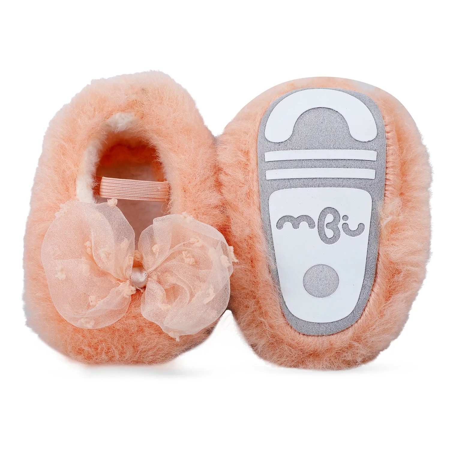 Baby Moo Bow Applique Warm Furry Booties - Peach