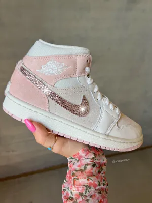 Baby Pink Swarovski Womens Nike Air Jordan 1 Mid Shoes