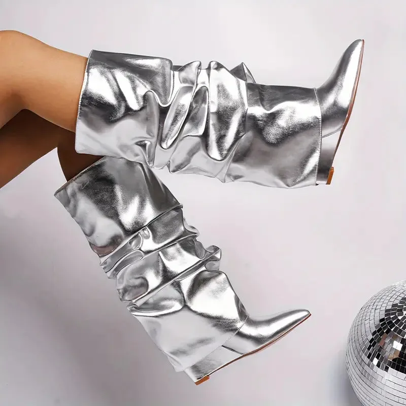 Beautiful Silver Metallic Foldover Slouchy Boots