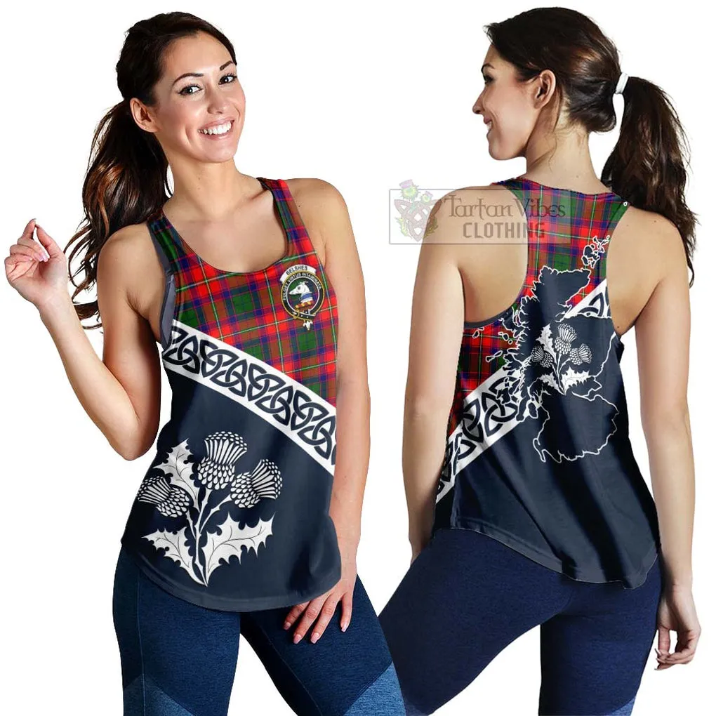 Belshes (Belsches) Tartan Women's Racerback Tanks Featuring Thistle and Scotland Map