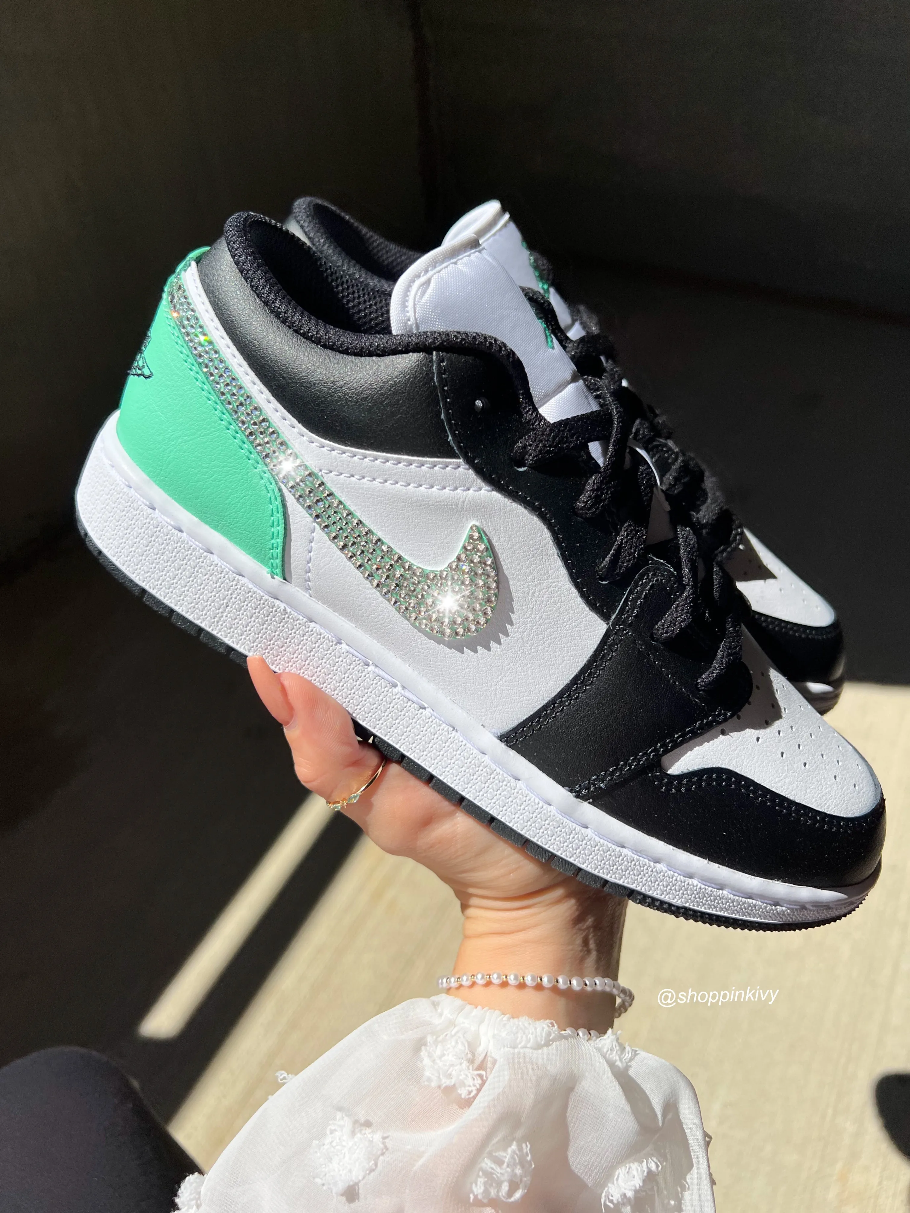 Black Mint Swarovski Women’s Air Jordan 1 Low Shoes