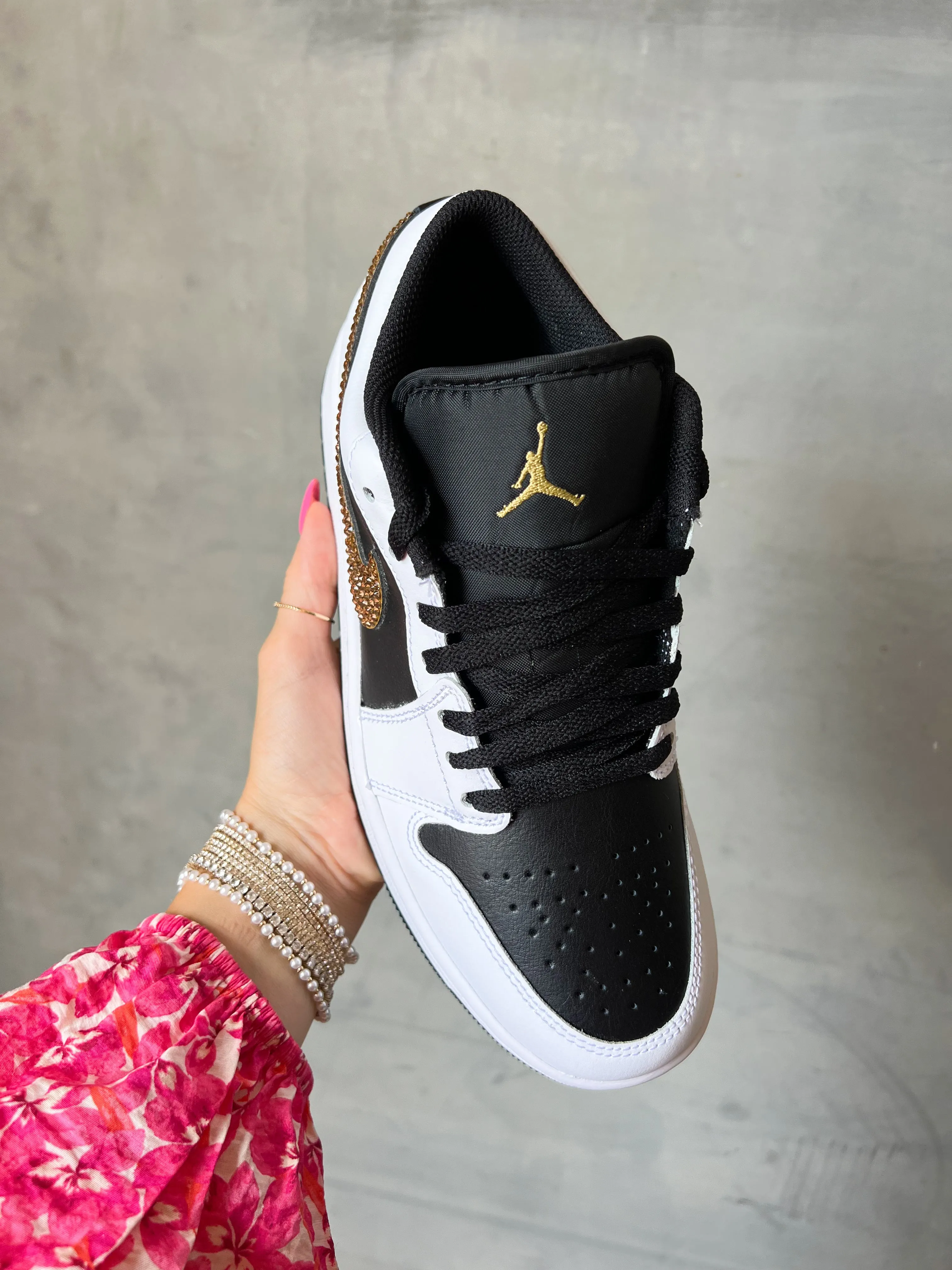 Black White Gold Swarovski Women’s Air Jordan 1 Low Shoes