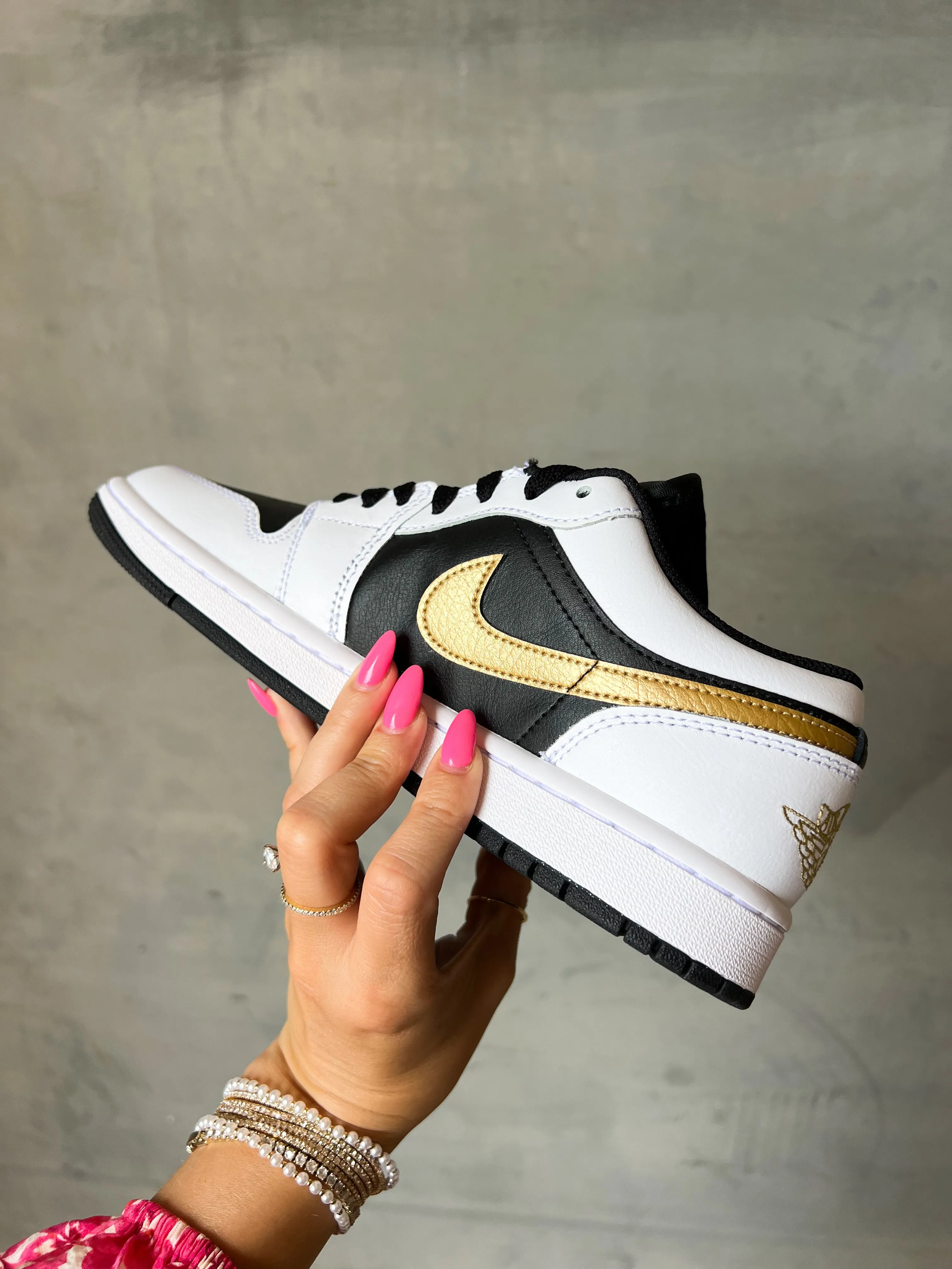 Black White Gold Swarovski Women’s Air Jordan 1 Low Shoes