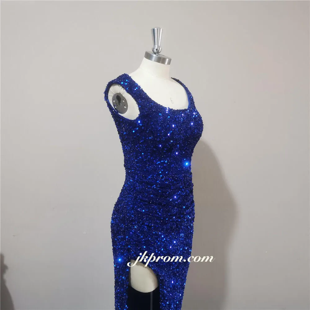 Bling Royal Blue Long Evening Dress High Slit Sequins Party Gowns For Wedding,Graduation Dresses,Best Prom Dresses