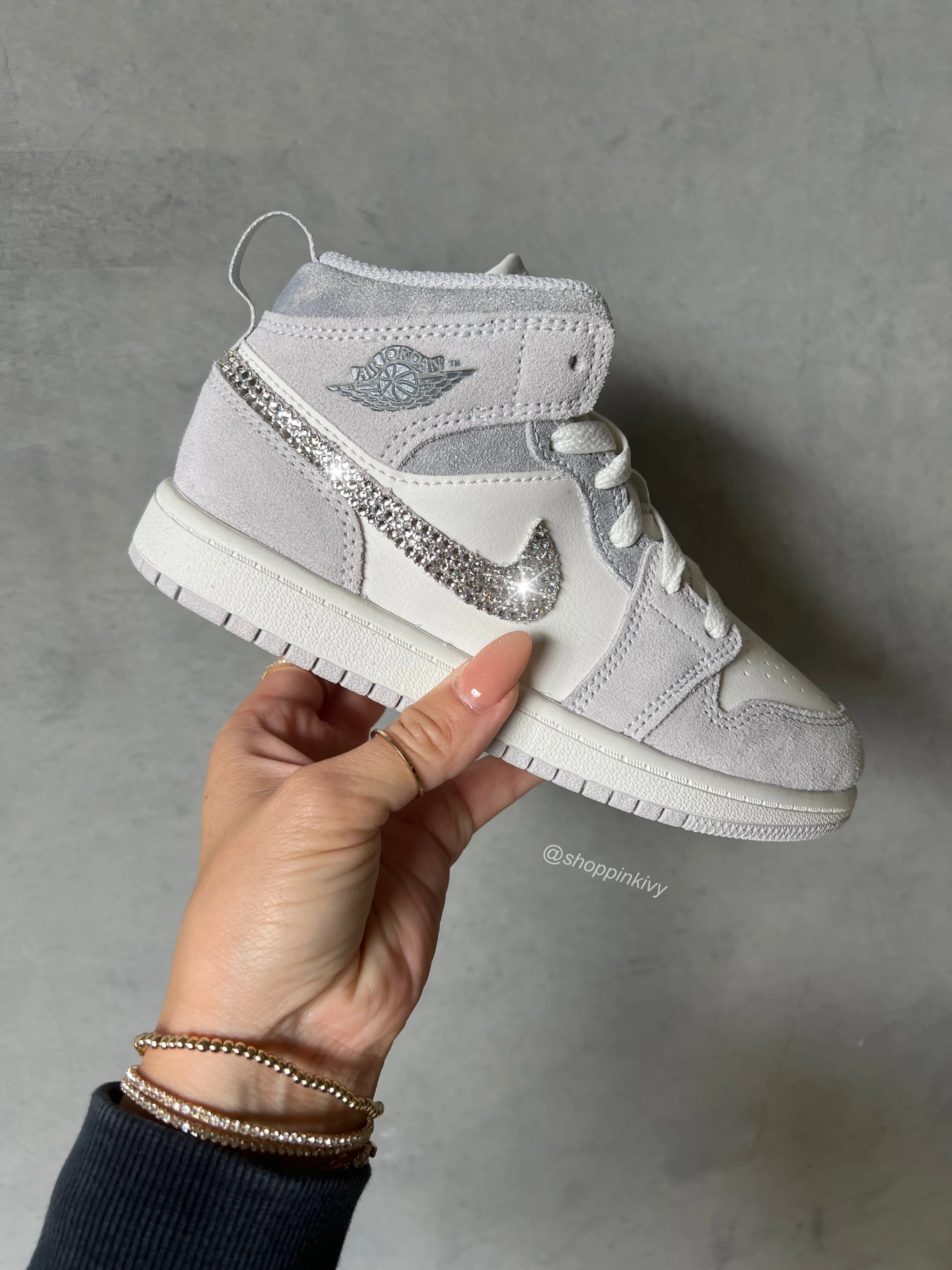 Brand New Gray Suede Swarovski Women’s Air Jordan 1 Mid Shoes