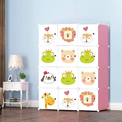 BucketList Baby Wardrobe Organizer - 12-Door Plastic Sheet Kids Storage Rack for Clothes, Kids Furniture, Living Room, Bedroom, Small Accessories (Pink Variants Animal Print)