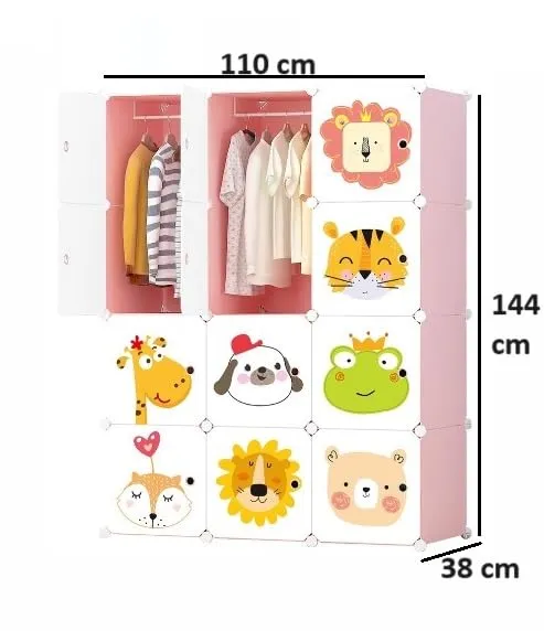 BucketList Baby Wardrobe Organizer - 12-Door Plastic Sheet Kids Storage Rack for Clothes, Kids Furniture, Living Room, Bedroom, Small Accessories (Pink Variants Animal Print)