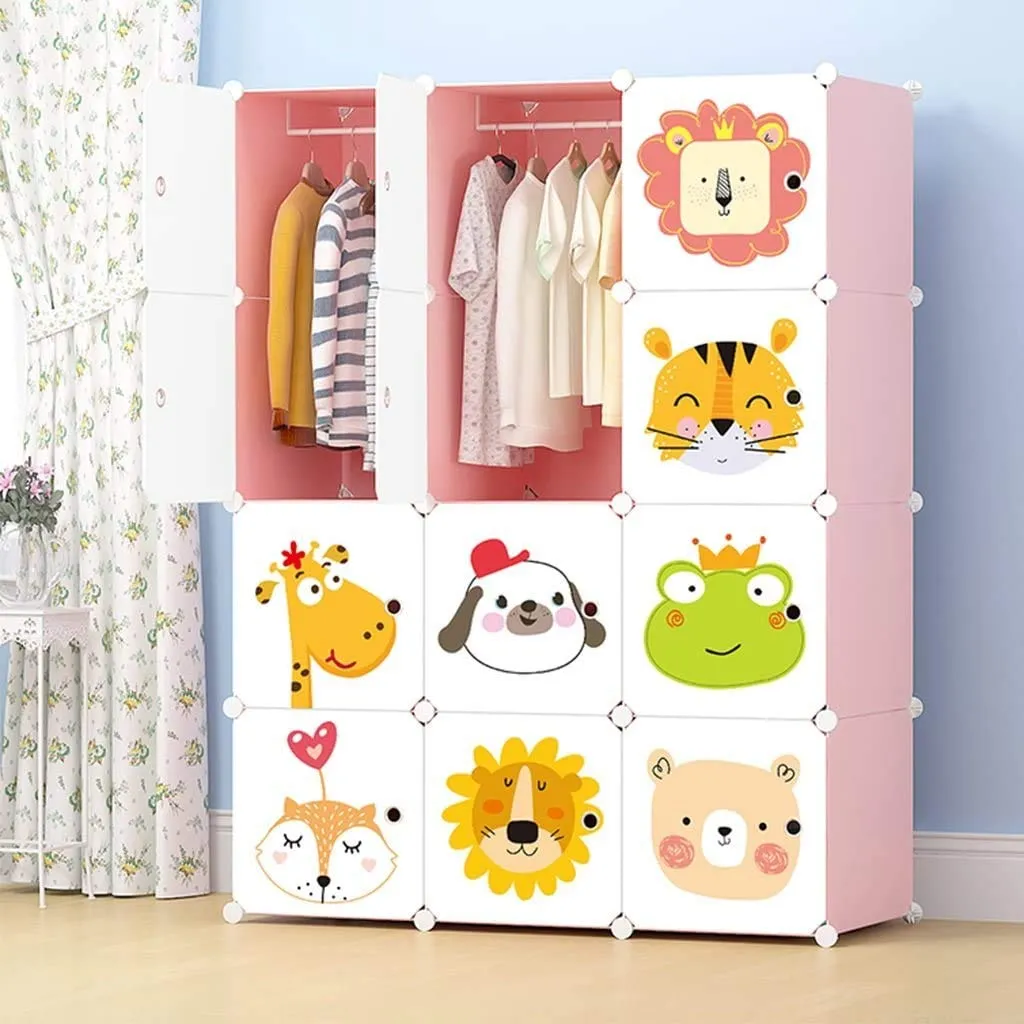 BucketList Baby Wardrobe Organizer - 12-Door Plastic Sheet Kids Storage Rack for Clothes, Kids Furniture, Living Room, Bedroom, Small Accessories (Pink Variants Animal Print)