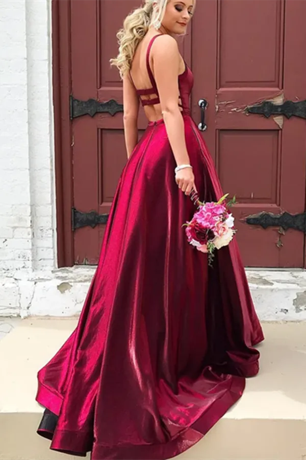 Burgundy A line Long Satin Spaghetti Straps Prom Dresses With Pockets,Sexy Formal Dresses