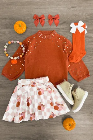 Burnt Orange Pearl Sweater Checkered Pumpkin Skirt Set