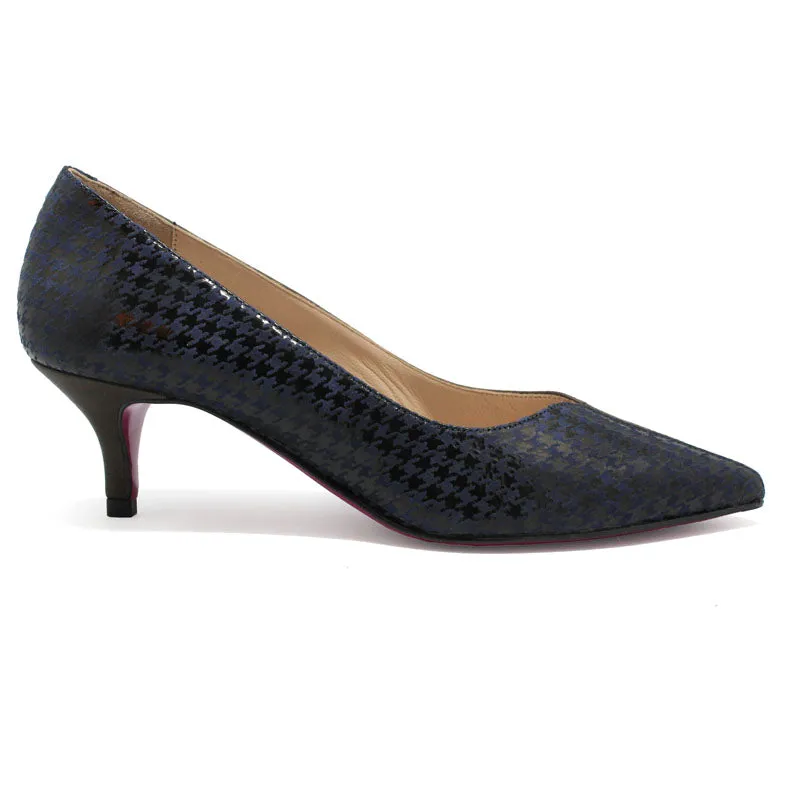 Cruella - Blue Houndstooth and brown kitten heel