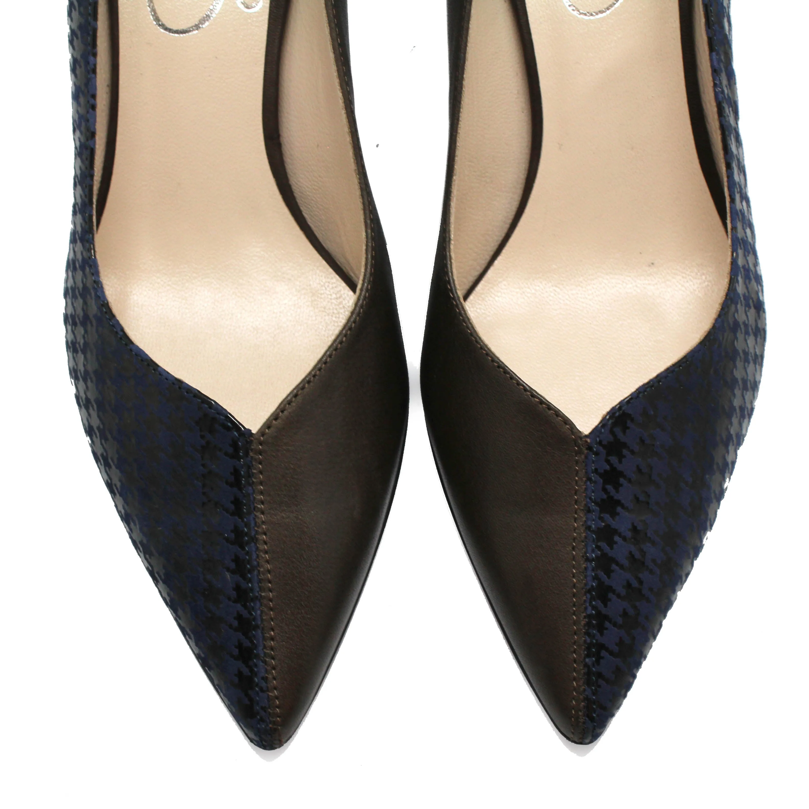 Cruella - Blue Houndstooth and brown kitten heel