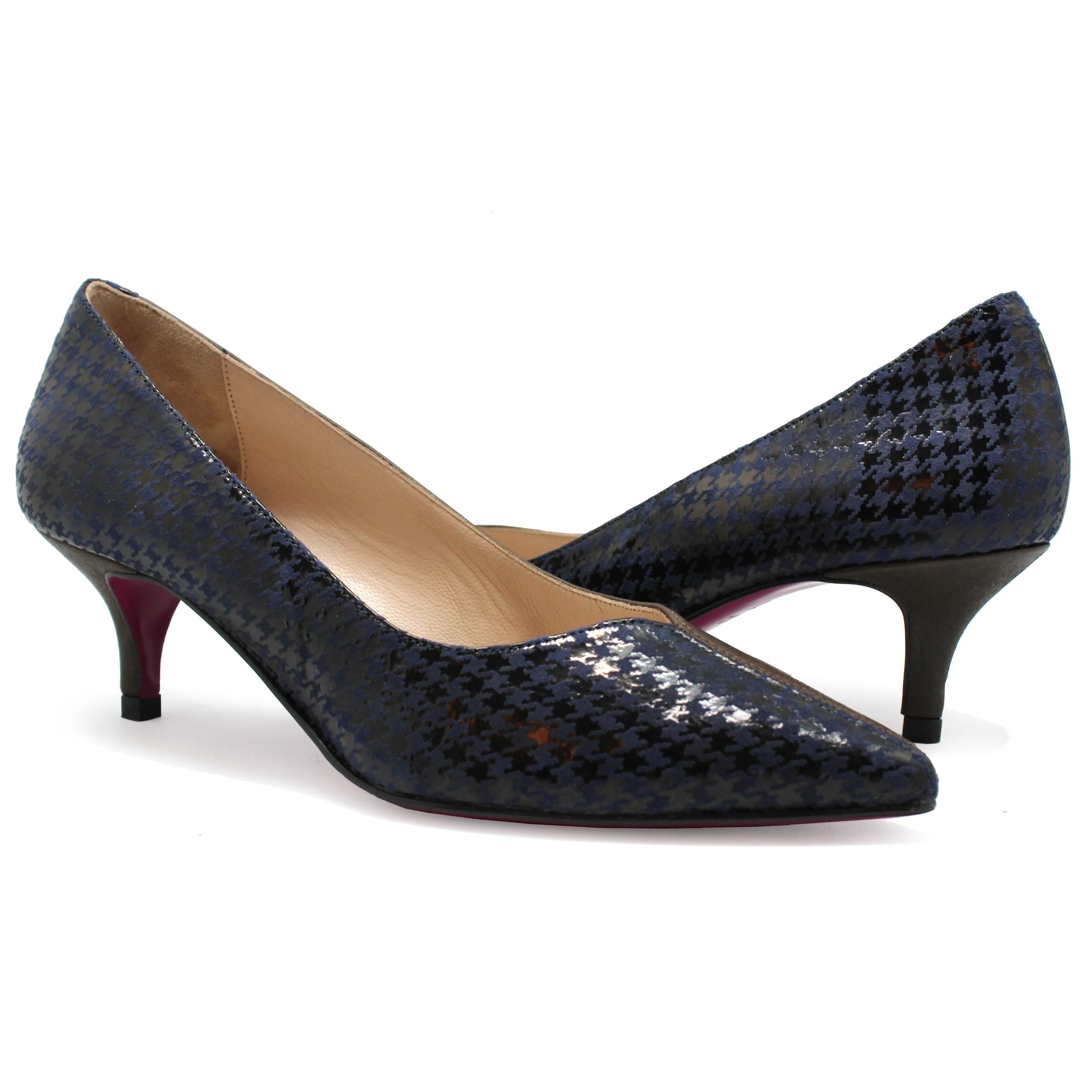 Cruella - Blue Houndstooth and brown kitten heel