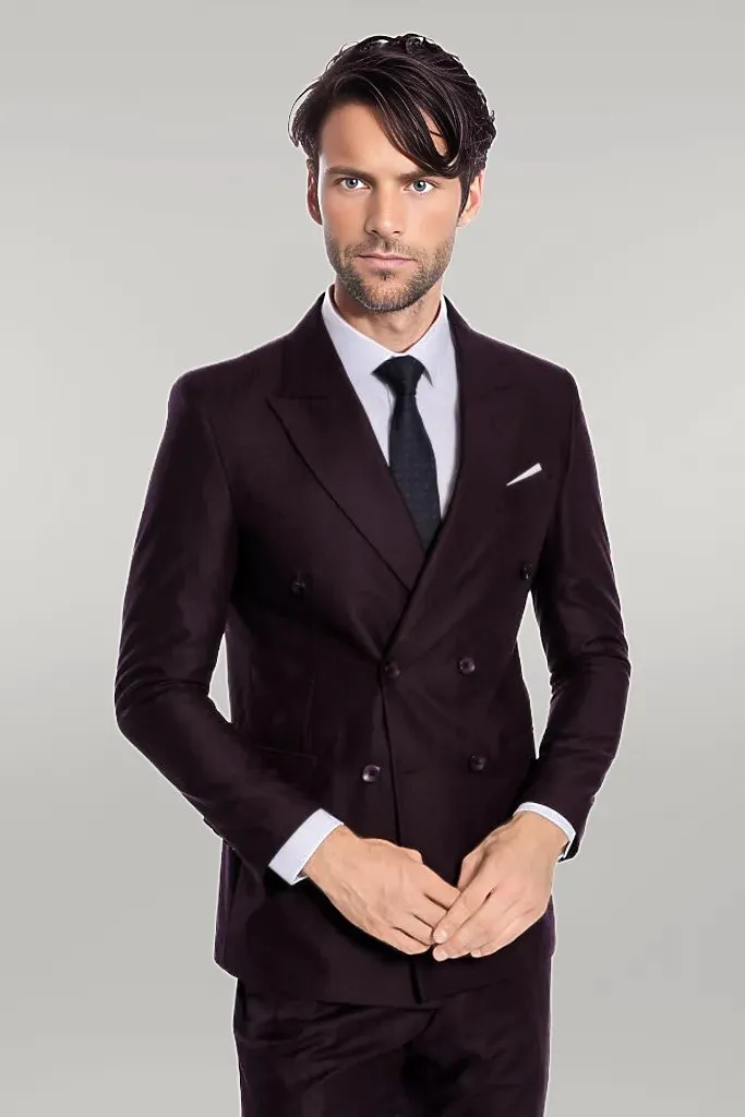 Double Breasted Plain Wide Lapel Purple Men Suit - Wessi