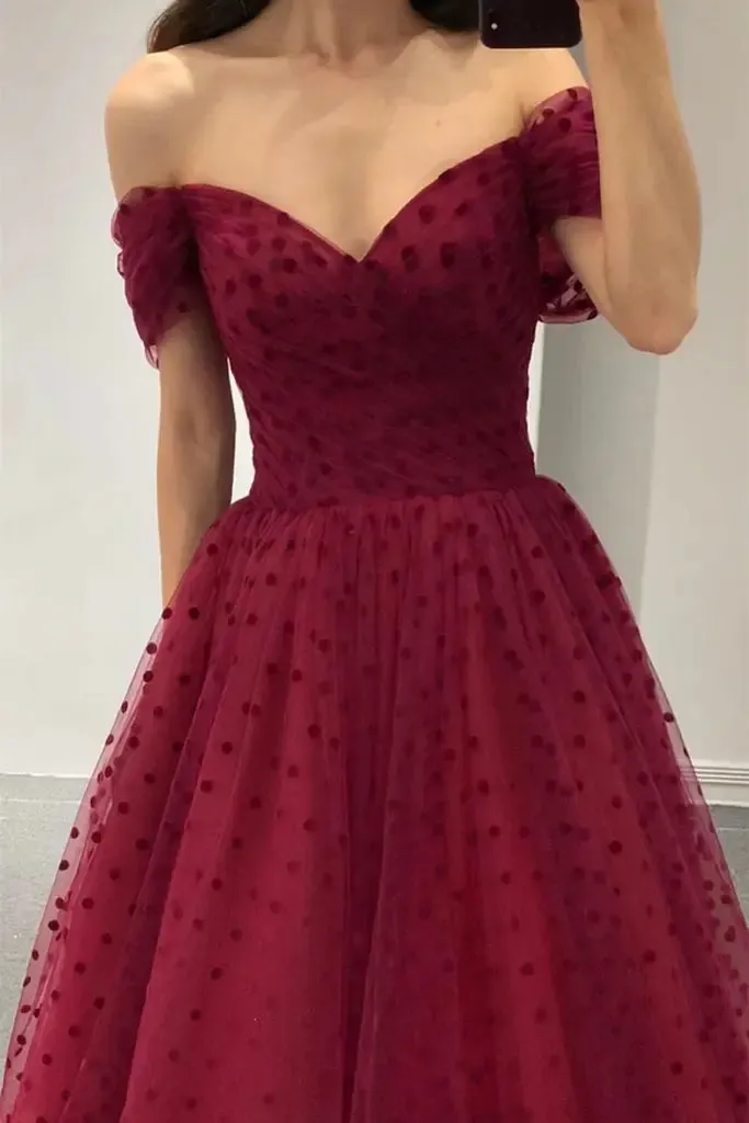 Elegant Burgundy Evening Dresses Prom,A Line Party Dress,Off Shoulder Gala Dresses