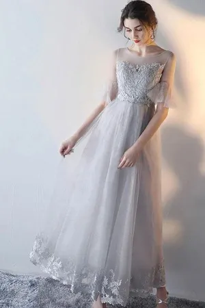 Elegant Gray Tulle A-Line Short Sleeves Lace Prom Dresses Evening Dress