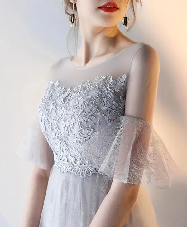 Elegant Gray Tulle A-Line Short Sleeves Lace Prom Dresses Evening Dress