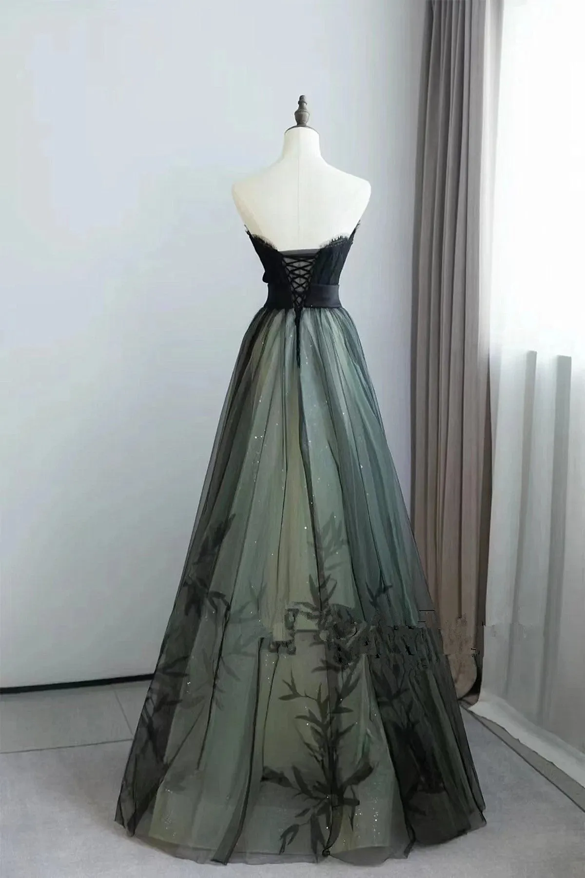 Elegant Green and Black A-line Long Formal Dress, Tulle with Lace Prom Dress