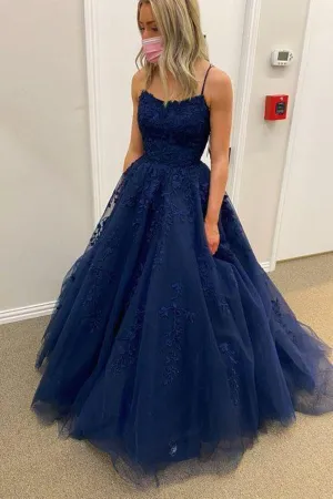 Elegant Navy Blue Tulle Lace Appliques Long Prom Dress,Formal Evening Dress,Gala Dresses