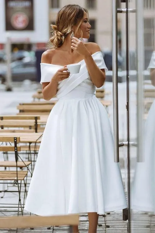 Elegant Off Shoulder Sleeveless Tea-Length Simple Wedding Dress UQW0023