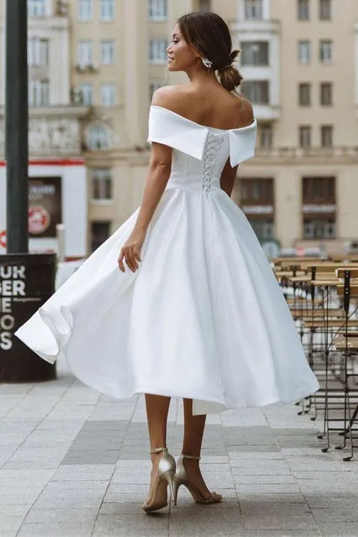 Elegant Off Shoulder Sleeveless Tea-Length Simple Wedding Dress UQW0023