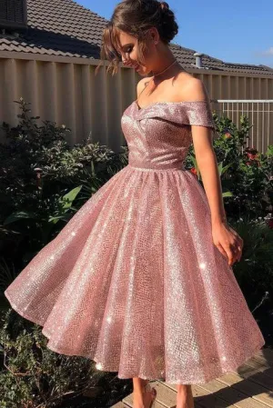 Elegant Off the Shoulder Pink Sequins Tea Length Prom Dresses, Homecoming Dress UQH0026