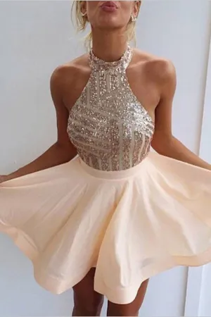 Elegant Open Back Halter Short Homecoming Dresses with Beading,Semi Formal Dress