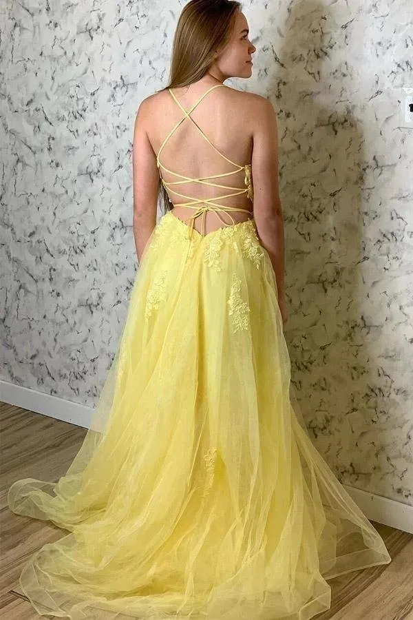 Elegant Yellow Tulle With Lace Appliques Floor Length Long Prom Dress,Party Dress,Evening Dress