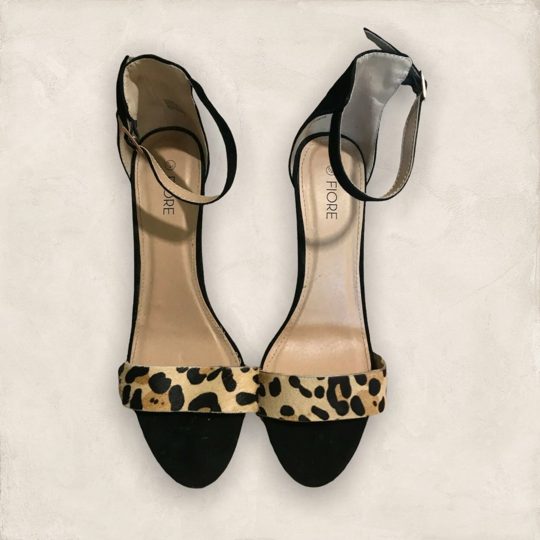 Fiore Black Faux Suede Animal Print Peep Toe Sandals  UK 7 US 9.5 EU 41