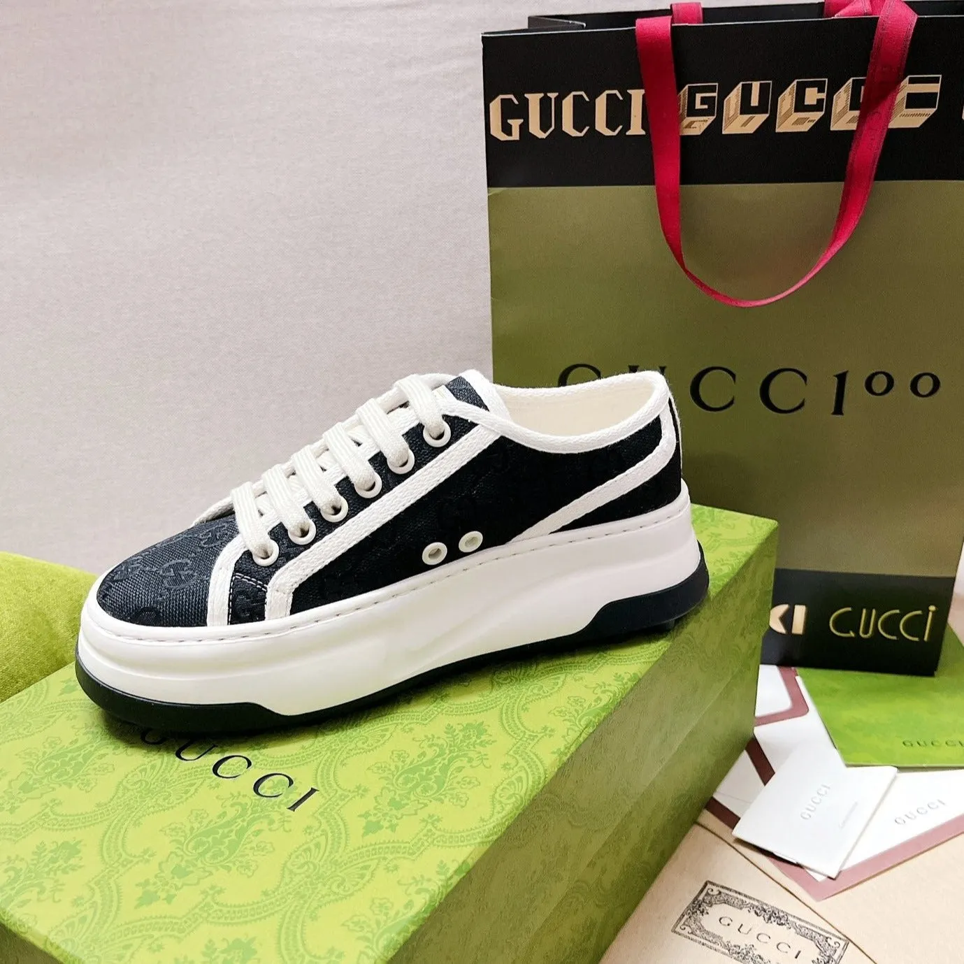 GG Canvas lace-up sneakers Black White