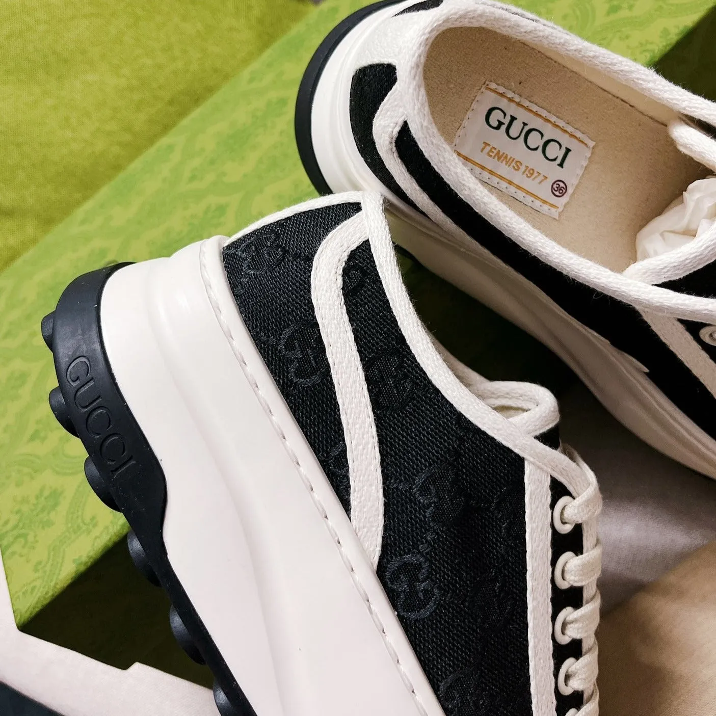 GG Canvas lace-up sneakers Black White