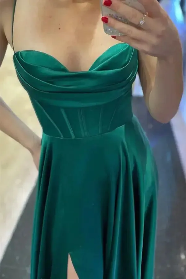 Green Prom Dresses Long,Split Satin Party Dresses for women,Graduation Dress