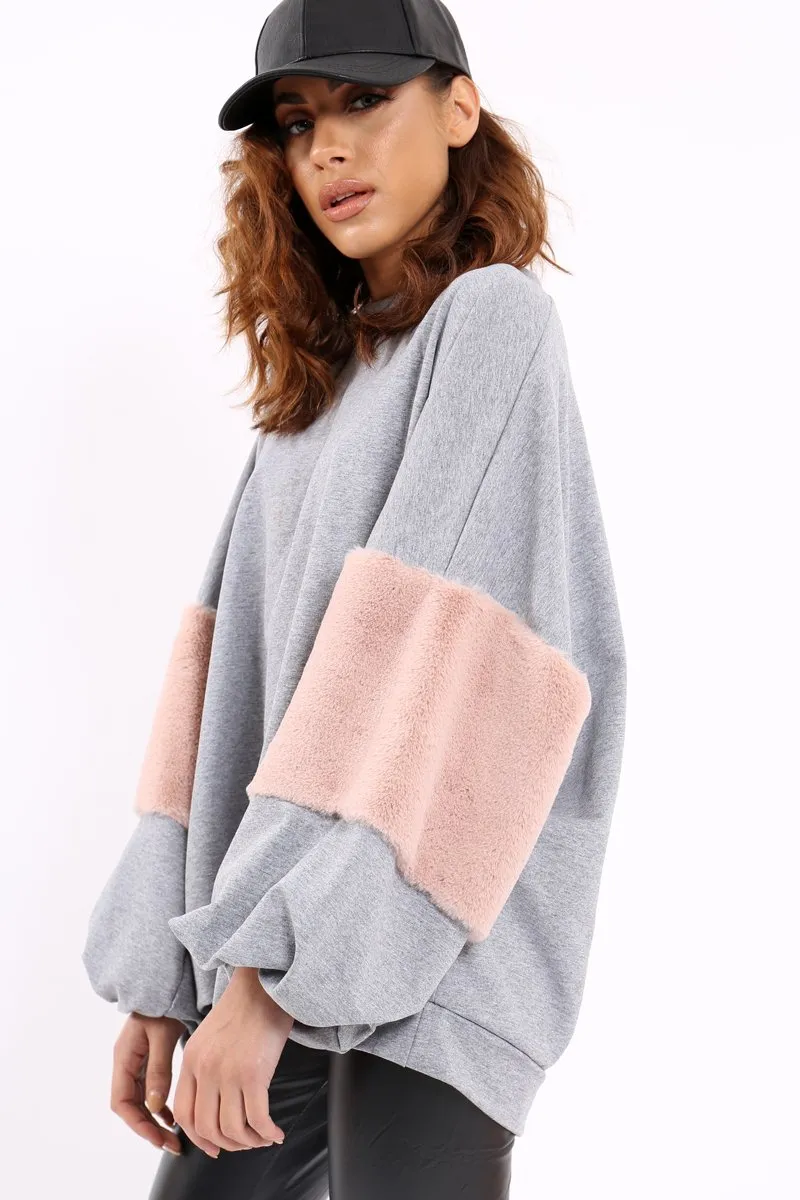 Grey Jumper with Fur Sleeves - Stephanie