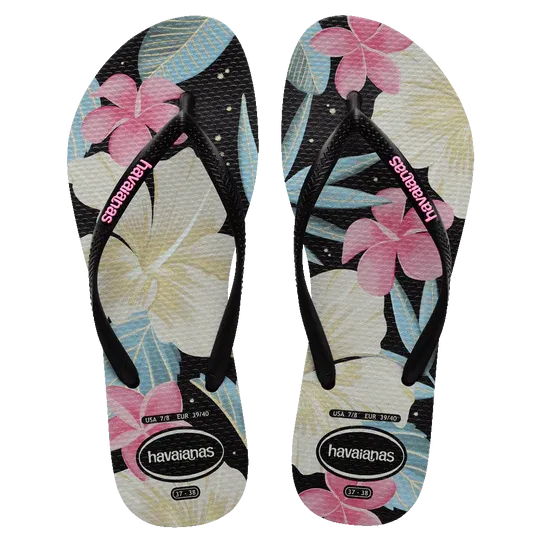 Havaianas Slim Floral Thongs - Black/Pink