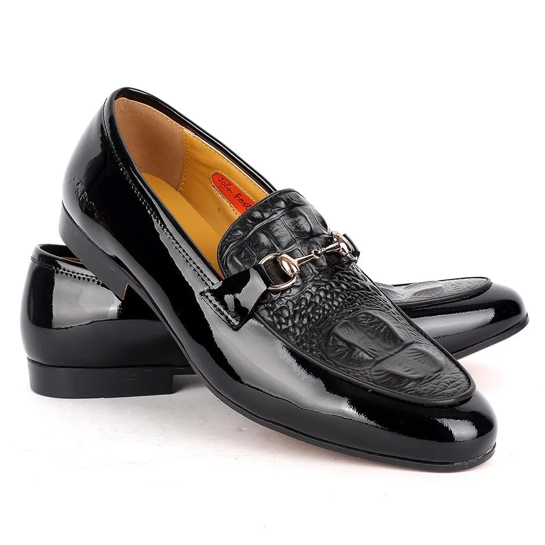 John Foster Glossy And Croc Skin Designed Men's Shoe- Black