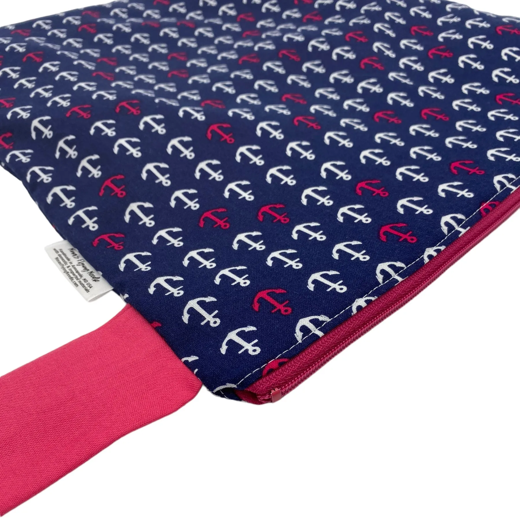 Large Wet Bag with Handle Anchors Pink and White on Navy